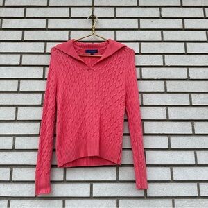J. McLaughlin Coral Pink Cable Knit Polo Collar Sweater Preppy Fisherman L
